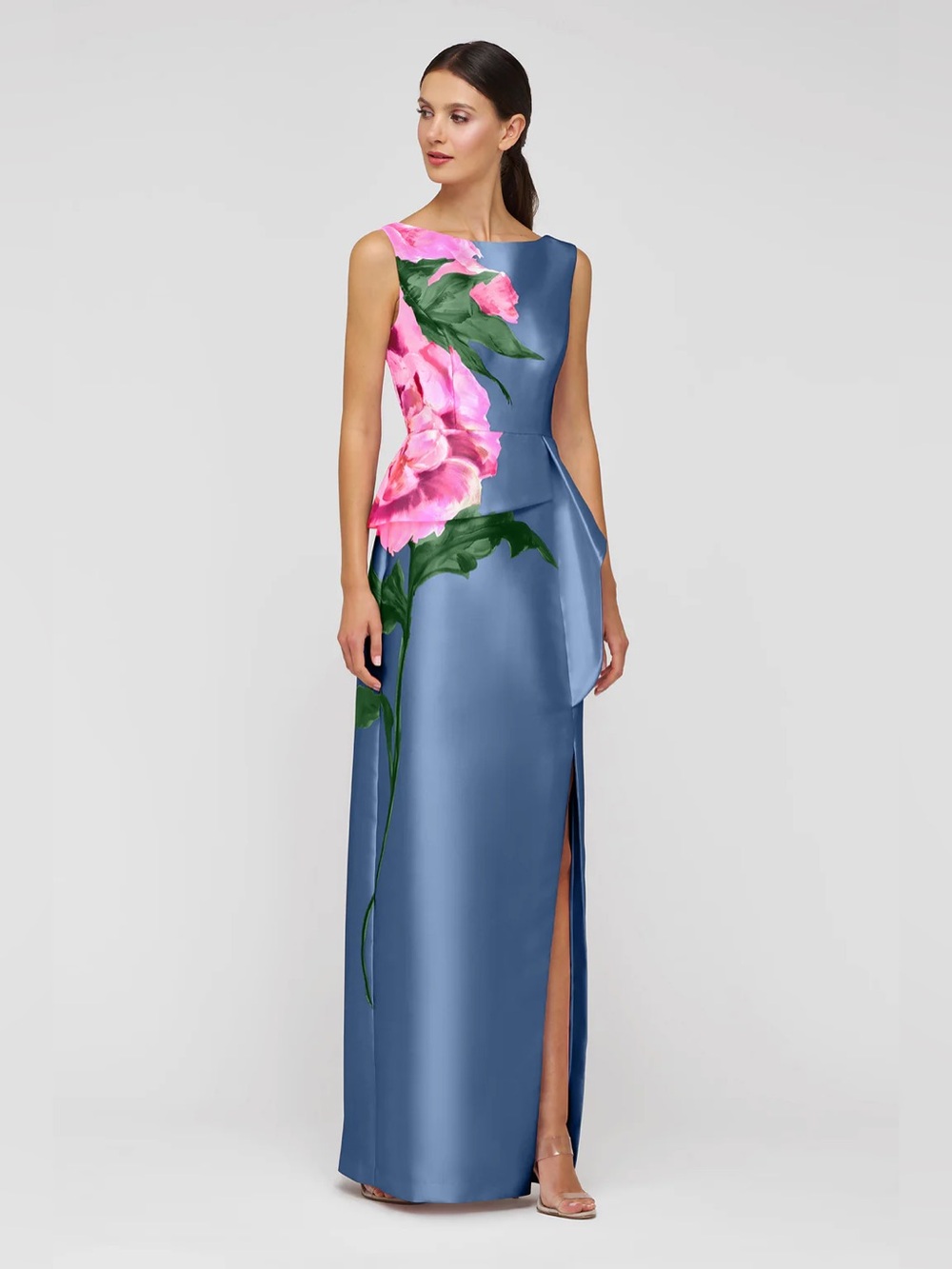 new Kay Unger Luciana floral mikado column maxi gown - pearl blue multi flowers - Picture 3 of 10